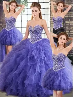 Best Sleeveless Tulle Floor Length Lace Up 15 Quinceanera Dress in Lavender with Beading and Ruffles