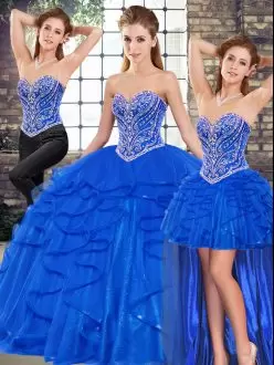 Royal Blue Three Pieces Beading and Ruffles Sweet 16 Dress Lace Up Tulle Sleeveless Floor Length