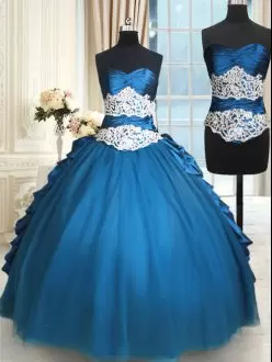 Elegant Teal Lace Up Ball Gown Prom Dress Beading and Lace Sleeveless Floor Length