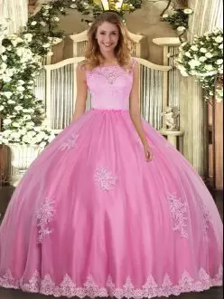 Floor Length Rose Pink Sweet 16 Dresses Scoop Sleeveless Clasp Handle