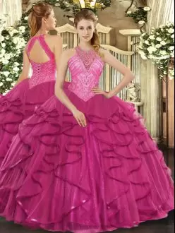Smart Floor Length Ball Gowns Sleeveless Hot Pink Quinceanera Gown Lace Up