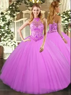 Trendy Lilac Sleeveless Tulle Lace Up Quince Ball Gowns for Sweet 16 and Quinceanera