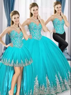 Traditional Aqua Blue Quince Ball Gowns Military Ball and Sweet 16 and Quinceanera with Beading and Embroidery Sweetheart Sleeveless Lace Up