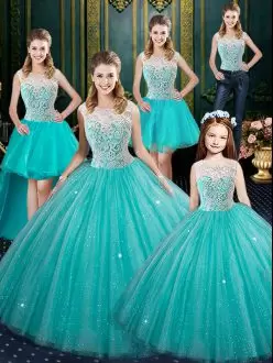 Flare Aqua Blue Lace Up Quinceanera Gown Lace Sleeveless Floor Length