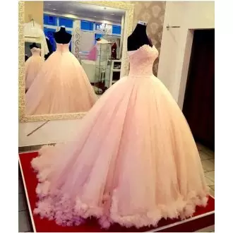 Peach Lace Up Ball Gown Prom Dress Blush Sleeveless Floor Length Gown