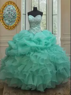 Floor Length Apple Green Quinceanera Dresses Organza Sleeveless Beading and Ruffles and Pick Ups