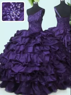 Artistic Purple Taffeta Lace Up One Shoulder Sleeveless Floor Length Vestidos de Quinceanera Beading and Pick Ups