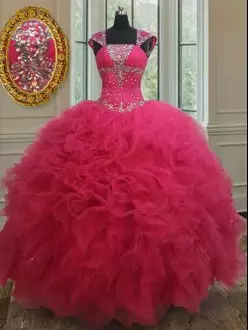 Elegant Hot Pink Quinceanera Dress Military Ball and Sweet 16 and Quinceanera with Beading and Ruffles Square Cap Sleeves Lace Up