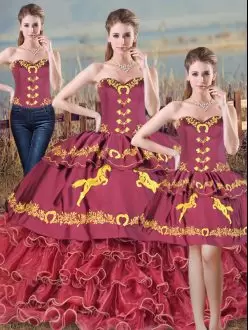 Burgundy Sweetheart Neckline Embroidery and Ruffles Quinceanera Gowns Sleeveless Lace Up