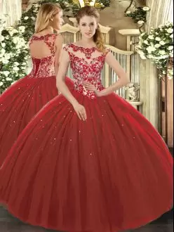 Fabulous Floor Length Wine Red Sweet 16 Quinceanera Dress Tulle Cap Sleeves Beading and Appliques