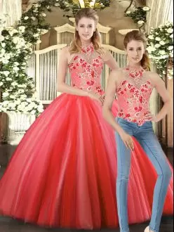 Eye-catching Coral Red Tulle Lace Up Quinceanera Gown Sleeveless Floor Length Embroidery
