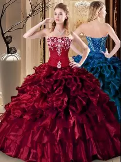 Floor Length Lace Up Quince Ball Gowns Wine Red for Military Ball and Sweet 16 and Quinceanera with Embroidery and Ruffles