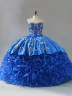 Royal Blue Fabric With Rolling Flowers Sweetheart Ball Gown Quinceanera Dress with Gold Embroidery