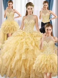 Modest Gold Lace Up Sweet 16 Dress Beading and Ruffles Sleeveless Floor Length
