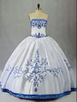 Floor Length Blue And White Quinceanera Dress Strapless Sleeveless Lace Up
