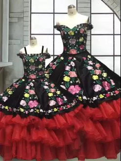 Floor Length Lace Up Quinceanera Gowns Red And Black for Military Ball and Sweet 16 and Quinceanera with Embroidery and Ruffled Layers