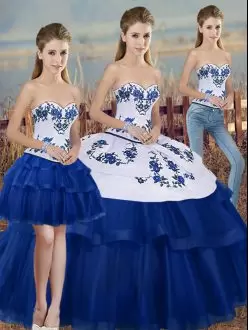 Royal Blue Three Pieces Tulle Sweetheart Sleeveless Embroidery and Bowknot Floor Length Lace Up Sweet 16 Dress