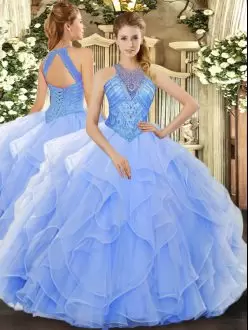 Floor Length Lace Up Sweet 16 Dresses Light Blue for Military Ball and Sweet 16 and Quinceanera with Beading and Ruffles