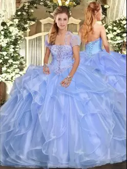Strapless Sleeveless Organza Sweet 16 Dress Appliques and Ruffles Lace Up