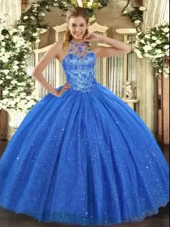 Colorful Floor Length Lace Up Sweet 16 Dresses Blue for Military Ball and Sweet 16 and Quinceanera with Beading and Embroidery