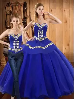 Colorful Floor Length Lace Up Sweet 16 Dresses Blue for Military Ball and Sweet 16 and Quinceanera with Embroidery