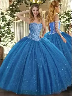 Romantic Blue Ball Gowns Sweetheart Sleeveless Tulle Floor Length Lace Up Beading Sweet 16 Dress