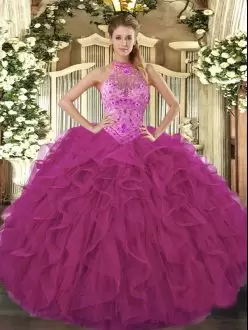 Best Selling Fuchsia Lace Up Halter Top Beading and Embroidery and Ruffles 15th Birthday Dress Organza Sleeveless