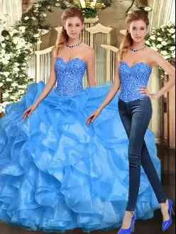 Baby Blue Organza Lace Up Sweet 16 Dresses Sleeveless Floor Length Beading and Ruffles