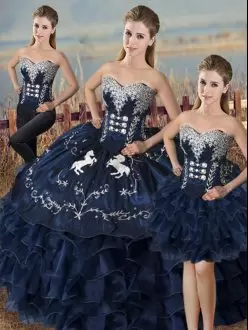 Dynamic Navy Blue Sleeveless Satin and Organza Lace Up Quince Ball Gowns for Sweet 16 and Quinceanera