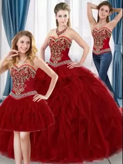 Great Red Ball Gowns Beading and Ruffles 15 Quinceanera Dress Lace Up Tulle Sleeveless Floor Length