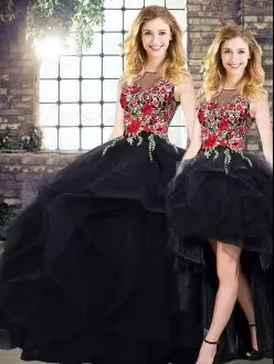 Black Tulle Lace Up Quince Ball Gowns Sleeveless Floor Length Beading and Embroidery