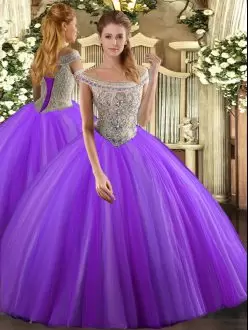 Pretty Off The Shoulder Sleeveless Quinceanera Gowns Floor Length Beading Lavender Tulle