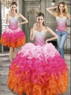 Sleeveless Organza Floor Length Lace Up Quince Ball Gowns in Multi-color with Beading