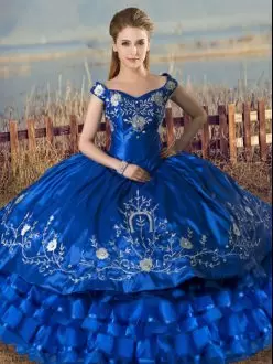 Affordable Royal Blue Charro Embroidery and Ruffled Layers Floor Length Quinceanera Dress