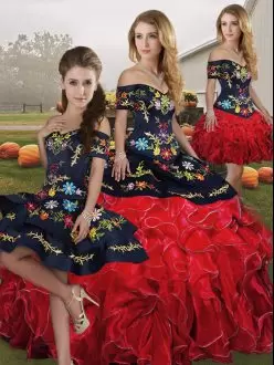 Great Sleeveless Organza Floor Length Lace Up Quince Ball Gowns in Red And Black with Embroidery and Ruffles