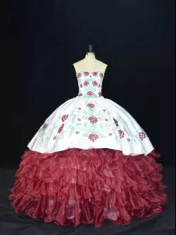 Unique Burgundy Organza Lace Up Sweetheart Sleeveless Floor Length 15 Quinceanera Dress Embroidery and Ruffles