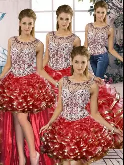 Ball Gowns Sweet 16 Quinceanera Dress Red Scoop Organza Sleeveless Floor Length Lace Up