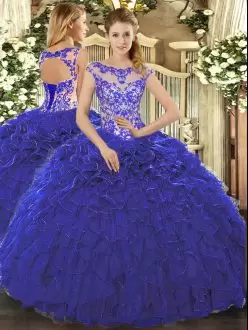 Royal Blue Cap Sleeves Floor Length Beading and Ruffles Lace Up Sweet 16 Dresses Scoop