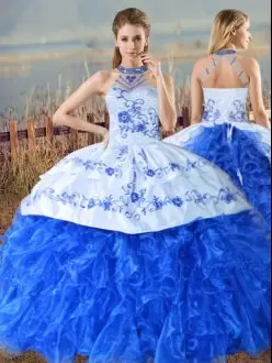 Court Train Ball Gowns Quince Ball Gowns Royal Blue Halter Top Organza Sleeveless Lace Up