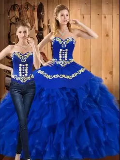 Blue Ball Gowns Embroidery and Ruffles Quinceanera Gown Lace Up Satin and Organza Sleeveless Floor Length