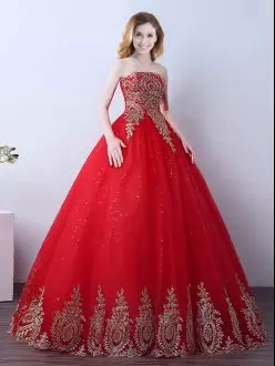 Appliques and Sequins Quince Ball Gowns Red Lace Up Sleeveless Floor Length