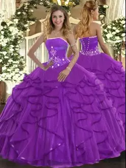 Purple Strapless Lace Up Beading and Ruffles 15 Quinceanera Dress Sleeveless