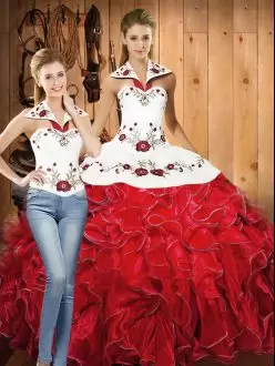 Modern Sleeveless Floor Length Embroidery and Ruffles Lace Up Quinceanera Gowns with White And Red