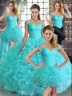 Glorious Floor Length Aqua Blue Quinceanera Gown Fabric With Rolling Flowers Sleeveless Beading