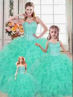 Turquoise 15 Quinceanera Dress Military Ball and Sweet 16 and Quinceanera with Beading and Ruffles Sweetheart Sleeveless Lace Up