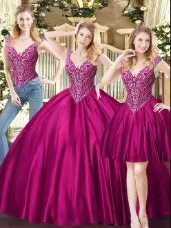 Eye-catching Sleeveless Tulle Floor Length Lace Up Vestidos de Quinceanera in Fuchsia with Beading