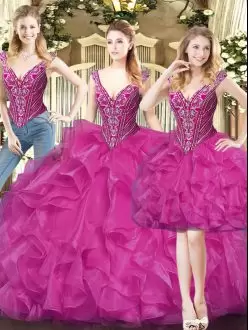 Colorful Fuchsia Three Pieces Organza V-neck Sleeveless Beading and Ruffles Floor Length Lace Up Quinceanera Gowns