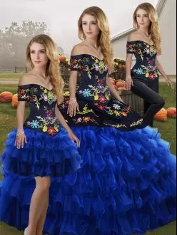Captivating Organza Off The Shoulder Sleeveless Lace Up Embroidery and Ruffled Layers Sweet 16 Quinceanera Dress in Blue And Black