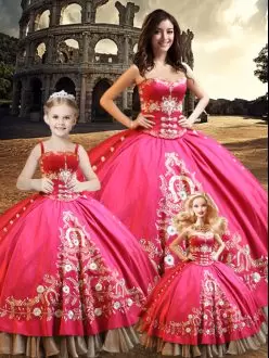 Hot Pink Taffeta Lace Up Sweetheart Sleeveless Floor Length Quince Ball Gowns Beading and Embroidery