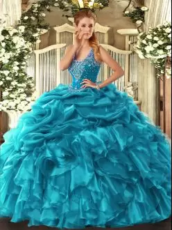 Floor Length Ball Gowns Sleeveless Teal Quinceanera Gowns Lace Up